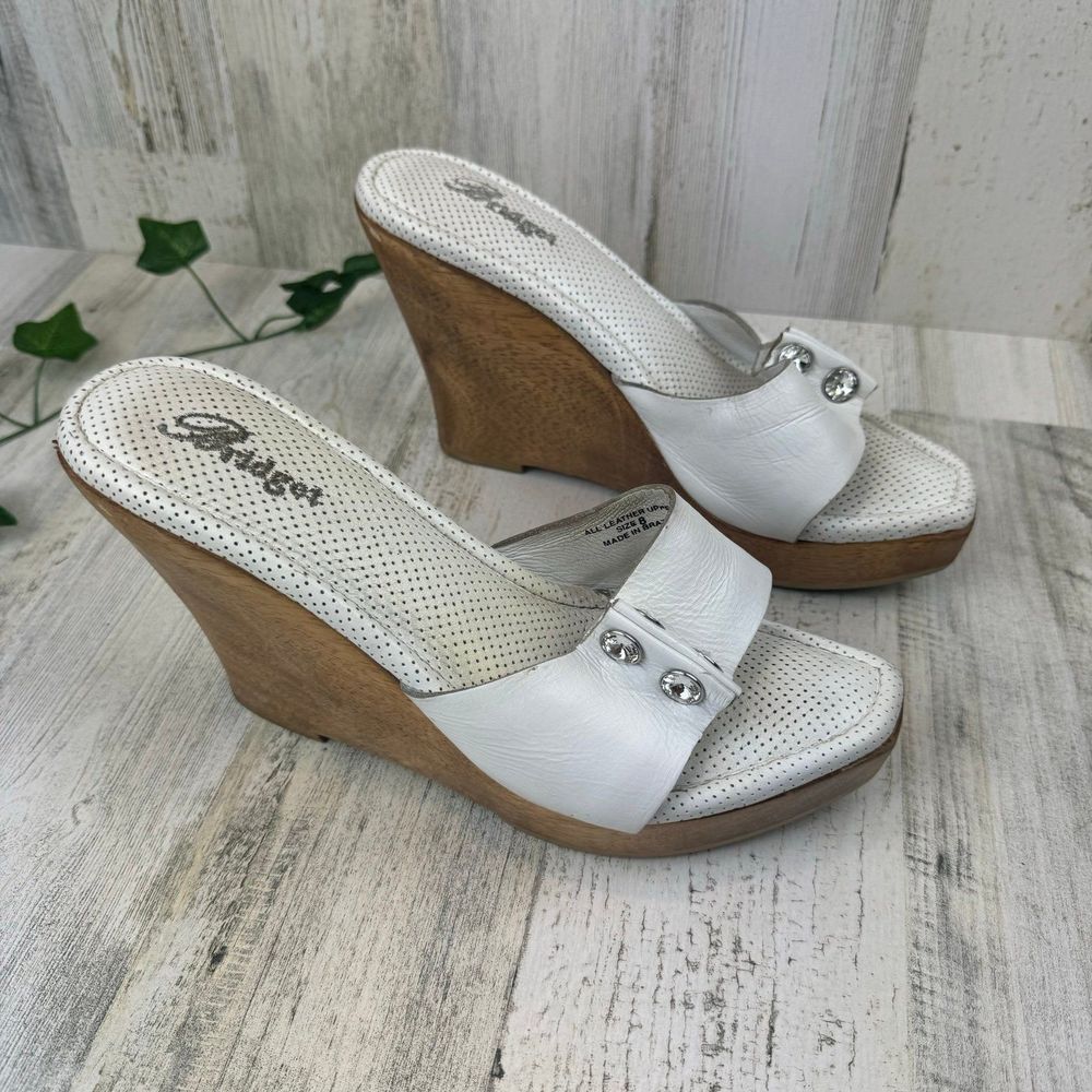 Bridget Womens 8 white Leather Glitz Wood Platform Wedge Slides Sandals Heels